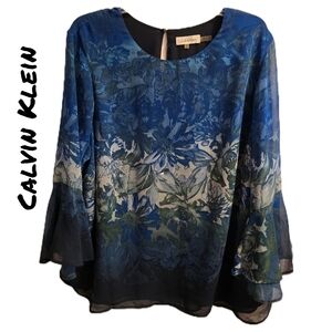 Calvin Klein Blue Floral Sheer Lined Bell Sleeves Pull On Blouse